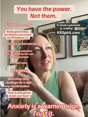 A woman with blonde hair and a green top looks up, slightly angled. Text overlays include phrases about energy, boundaries, and dreams. Background elements include framed pictures.