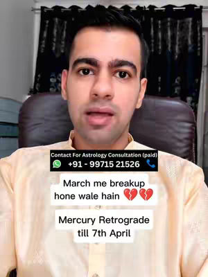 A man with a short haircut is centered in the frame, looking directly at the camera. He's wearing a light yellow shirt. Behind him, there's a dark-colored chair and a partially visible window with dark curtains. Overlayed on the image is a white box containing text and a phone number. Beneath that are two lines of text and the words "Mercury Retrograde till 7th April"