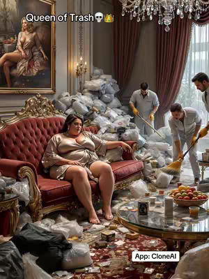 The image depicts a woman sitting on a red sofa in a lavish, messy room. Behind her are piles of trash bags and people cleaning. Text overlays read 'Queen of Trash' and 'App: CloneAI'.