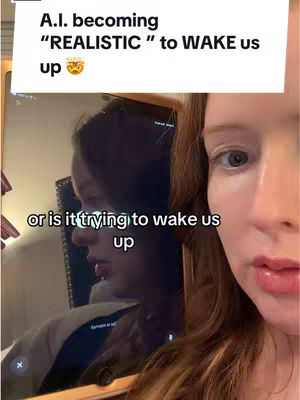 The cover image shows a woman's face on the right side, with the screen of a tablet or phone reflecting the profile of another person. The text overlay indicates a topic about AI and reality.