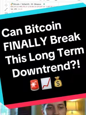 The cover image features a stylized video overlay against a backdrop that includes a chart from a financial service. The overlay is divided into sections: a teal bar at the top, a large black central area, and a red and pink angled section at the bottom. The primary text, in white, reads 'Can Bitcoin FINALLY Break This Long Term Downtrend?!', with the text 'FINALLY' in a larger font size. Below the text are three emoji: a red hazard light, a chart, and a money bag. At the bottom, the face of a man is visible, seemingly the creator, but the image is mostly focused on the text and the chart in the background.