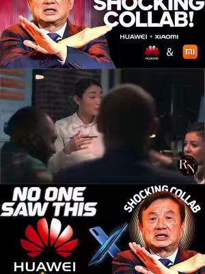 The cover image is a composite of three distinct sections. The top section features a close-up of a man's face, with his arms crossed in an 'X' gesture. The text overlay reads 'SHOCKING COLLAB!' with the names 'HUAWEI + XIAOMI' and their logos below. The middle section shows a scene of people in a brightly lit office setting.  The bottom section shows a large Huawei logo with the text 'NO ONE SAW THIS' to the left and a man in a suit at the right with the words 'SHOCKING COLLAB!' 