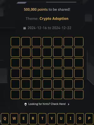 The cover image displays a dark theme with a Binance WOTD puzzle interface. The top portion shows text about sharing 500,000 points with a theme of 'Crypto Adoption' and a date range. Below is a grid for the word puzzle with a keyboard at the bottom.