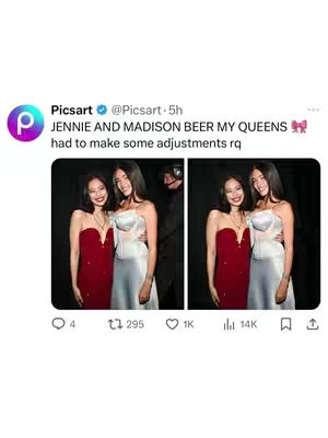 The image shows two pairs of women in dresses, side by side. The women are standing close together, seemingly posing. In the background, there appears to be someone in a black outfit. There is a twitter post at the top.