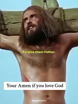 The image depicts a man with long hair and a beard, positioned on a cross. The man is looking upwards, with a somewhat pained expression. Text overlays include a religious message, and a call to action.