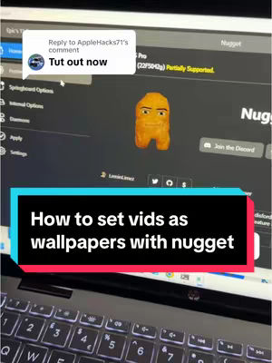 The cover image displays a close-up shot of a laptop keyboard with a screen visible in the background. The screen shows an interface with application-related icons and text. A food item, resembling a cooked chicken nugget transformed with a face, is placed between the laptop keyboard and the screen. The image is overlaid with text in a rectangle, and another comment from another user. The overall composition focuses on the tech theme.