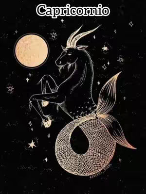 A stylized illustration of a Capricorn, depicted as a horned goat with a fishtail, set against a dark, star-studded background. The goat is rendered in black, while the fishtail and a surrounding moon are in shades of gold. The text 'Capricornio' arches above the figure.
