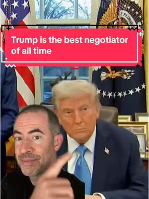 A cover image featuring a man in a foreground overlaid against a background scene with two prominent figures, former president Donald Trump is in the background, looking at the camera, as the main subject points at him. A red rectangular text box at the top states, Trump is the best negotiator of all time.