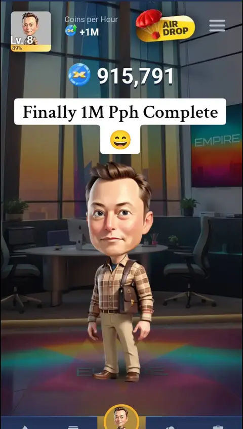The cover image is a vibrant illustration of a mobile game interface. A cartoonish depiction of Elon Musk with a large head, wearing a plaid shirt and beige pants, stands in the center. The game interface shows a large number (915,791) over a blurred office background, with text overlays proclaiming "Finally 1M Pph Complete". Additional game elements include coins, level indicators, and an "AIR DROP" graphic with a parachute.