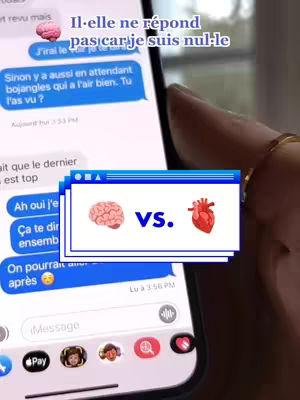 The image shows a close-up of a smartphone screen displaying a text messaging conversation. The phone is held by a person's hand with a gold ring visible. The background shows a soft, blurred setting. At the bottom of the screen, some app icons can be seen. In the center of the frame, there's a white rectangular design showing a brain and a heart next to the text \"VS.\"