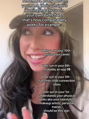 A young woman with dark hair and a green cap is smiling. Text overlays on the screen provide astrological insight.