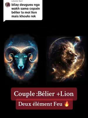 The image displays two fantasy-style illustrations representing the Zodiac signs Aries (Bélier) and Leo (Lion). Both images are set against a dark background with celestial and cosmic design. The Aries image features a ram's head with blue and purple hues, with a background evoking a night sky. The Leo image has a lion's head in a similar artistic style, with gold and yellow tones, against a backdrop of stars and nebulas. At the bottom of the image is a gradient red banner with white text that reads "Couple : Bélier + Lion Deux élément Feu (fire emoji)".