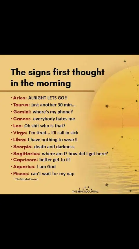 An infographic-style image with a light yellow background, featuring a graphic representing the sun and water. The key content is a list of the zodiac signs and what they think when they wake up. The text is black and laid out in a list format.
