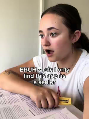 A young woman with dark hair pulled back is shown indoors, leaning over a book with a highlighted page. She has an open mouth and a look of surprise. Text overlays the image.
