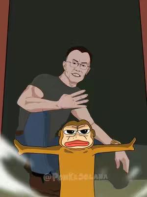 Digital art features a cartoonish illustration of a man in glasses and a grey t-shirt, with one hand raised. Behind him, a stylized monkey in a t-pose has outstretched arms. The background is dark, with a hint of a doorway or window frame. The overall composition is humorous, using simple lines and bright colors.