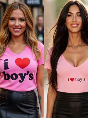The cover image is a split image featuring AI-generated depictions of Scarlett Johansson and Megan Fox, side-by-side. Both are wearing pink t-shirts that say "i ❤️ boy's".  The background blurs slightly on the left side with a faint outdoor setting on the right, suggesting a casual or public setting. The overall composition is symmetrical.