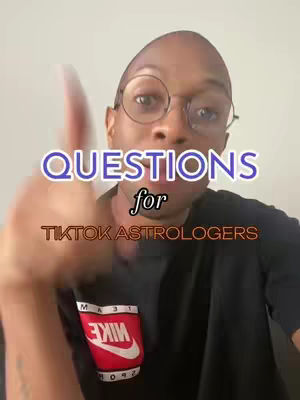 A man with glasses is shown from the chest up, giving a thumbs-up with his left hand. Overlaid on the image is text in two lines that reads “QUESTIONS for” in a white and purple font. Below this, the text “TIKTOK ASTROLOGERS” appears with an orange font.
