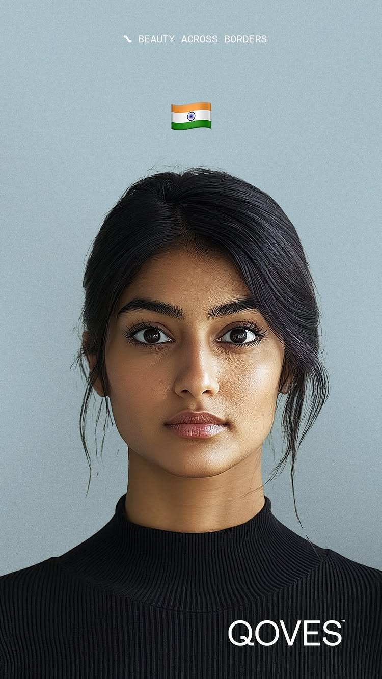 A close-up shot of an Indian woman with dark hair pulled back from her face. She has striking dark eyes, full lips, and a contoured jawline. The background is a solid, light blue-gray. Above her, the text 'BEAUTY ACROSS BORDERS' is displayed and to the right is an emoji of the India flag. Below, the word 'QOVES' is printed with a trademark symbol.