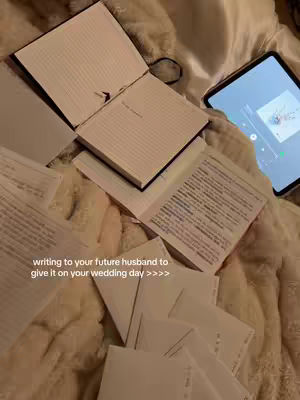 A top-down shot shows a softly textured, light-colored blanket. Open notebooks and loose handwritten pages are scattered across the blanket. An open journal is in the center, with a digital tablet on the right side showing an on-screen music player. The lighting is warm and natural.