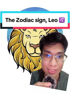 The cover photo displays a young man with glasses smiling while holding a microphone. Superimposed on the background is a colorful illustration of a lion's head, representing the Leo zodiac sign, with a blue and white circular background. A rectangular banner at the top presents the text: 'The Zodiac sign, Leo ♌'.