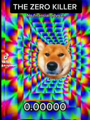 The cover image features a central image of a Shiba Inu dog's head, set against a colorful, psychedelic background. The background has a radiating, repeating pattern of blues, greens, yellows, and purples. Above the dog is black banner with white text. Below is a digital display of the number 0.00000.