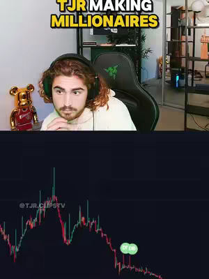 The cover image features a man with curly brown hair wearing a headset, looking intently at the screen. Above him is a text overlay that reads "TJR MAKING MILLIONAIRES". The man is seated in a black gaming chair with a green logo. The background shows a room with a shelf and a chart depicting a stock graph. The lower part of the image shows live stock graph data, annotated with marks.