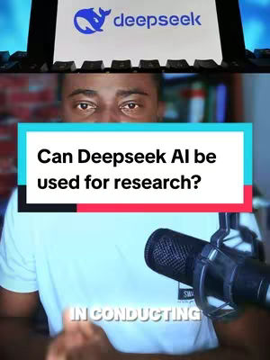 A man in a white t-shirt is the focus of the image. He is positioned from the chest up. An overlay in two rectangular colors divides the screen. The image shows a microphone on the right. In the background, a sign with the logo of "deepseek" in bold white font over blue. The video hook has the text of "Can Deepseek AI be used for research?"