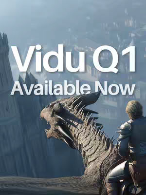 A digitally rendered image showcasing a dragon-like creature with a rider in fantasy-style armor, set against a backdrop of a castle on a cliff with the text "Vidu Q1 Available Now". The color palette is dominated by cool blues and grays, giving a cinematic feel..