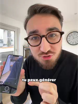A man with glasses holds a phone. The text overlay reads, "tu peux générer."