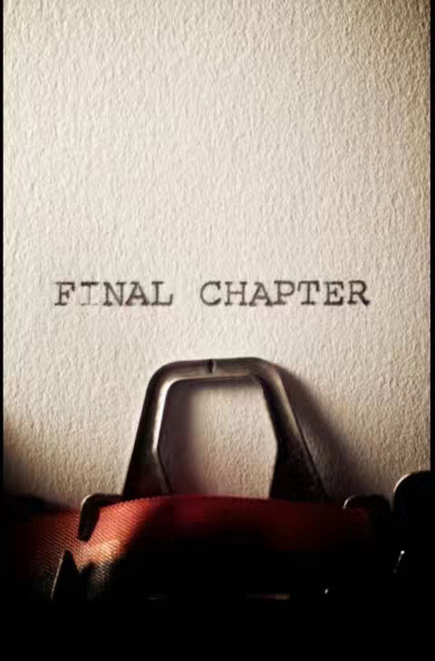 The image displays a sheet of paper with the text "FINAL CHAPTER" printed on it using an old typewriter. Below the text, the typewriter mechanism is partially visible in the image's foreground, showing the red ribbon and part of the typing keys.