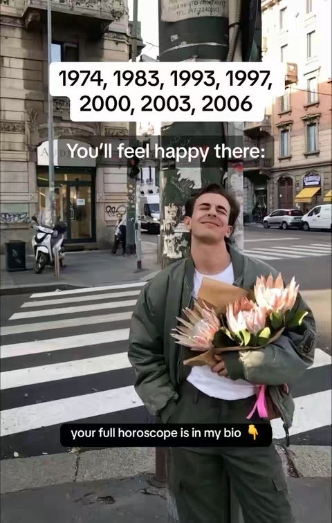 A man holding a bouquet of flowers smiles while standing on a crosswalk. Above him, text overlays list dates. The background includes street scenes and buildings.