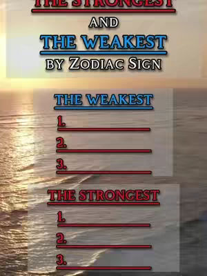 The cover image features text overlayed on a blurred background of a seascape, which is likely the ocean, during sunrise or sunset. The overlay is divided into sections with titles for the strongest and weakest zodiac signs. The text uses a bold sans-serif font.