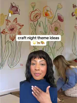 The cover image features a woman in the foreground with a background of floral art. The woman is the main focus, shown from the chest up, wearing a blue top and looking towards the viewer. The background consists of large, drawn floral designs on a wall. A text overlay reads "craft night theme ideas" above the woman. In the background, another person is partially visible.