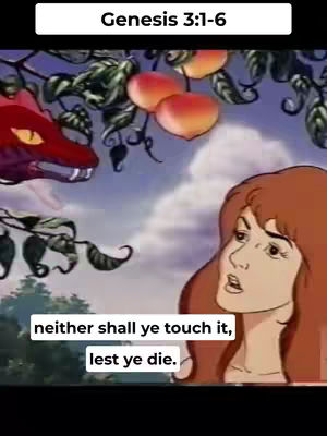 An animated scene depicting the Garden of Eden. Eve is looking surprised, a serpent with red skin and yellow eyes is looking into her face. Above them are apples hanging from a tree.