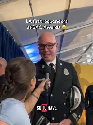 A person is interviewing a man in a firefighter uniform. The hook text is overlaid at the top and the bottom of the image.