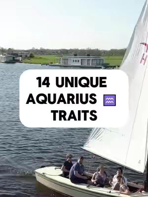 The cover image shows a group of people on a sailboat with a sign in front that says '14 UNIQUE AQUARIUS TRAITS'. The people are on the water and there is land and buildings in the background.