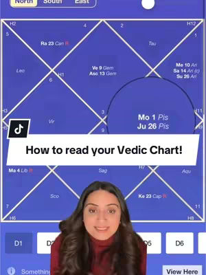 The cover image shows a woman in a red turtleneck in front of a blue background with a Vedic chart. The text overlay says "How to read your Vedic Chart!". The chart has labeled sections, quadrants, and astronomical symbols. A large circle highlights some numbers and astrological details. The TikTok logo is located in the bottom left corner.