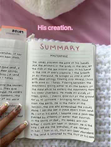 The cover image shows an open notebook with handwritten notes, a portion of someone's hand with painted nails, and a blurred background. The notebook is filled with text about religious themes, with the word "SUMMARY" in red marker at the top. The hand is holding the notebook, and the background is a blurred, light-colored surface.