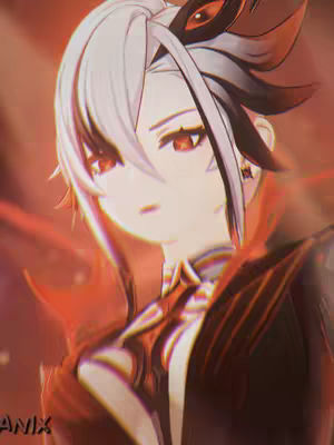 The image showcases a character from the Genshin Impact game, Arlecchino, in a dynamic pose. The character is the central focus, with detailed features, including white and black styled hair, red eyes, and a stern expression. The composition features an overall red and dark color scheme. The character's outfit is partially visible, with a dark, and red design. The background is blurred adding to the dramatic effect.