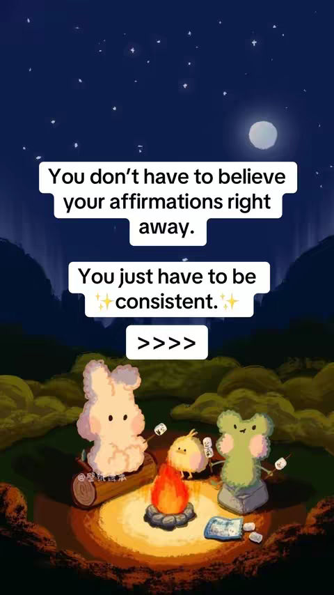 An illustrated scene depicting a nighttime setting with a campfire, three animal characters, and text overlays. The background shows a starry night sky with a full moon, and the foreground features a campfire with three cartoonish figures gathered around it. Text is overlaid in white boxes.