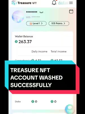 The cover image displays a mobile application's interface. A large black and turqoise banner states, "TREASURE NFT ACCOUNT WASHED SUCCESSFULLY", overlaying the app's screen. The top of the screen shows the app's name and some user account details, including a profile image and point levels. The rest of the screen displays a cryptocurrency wallet balance of $263.37.