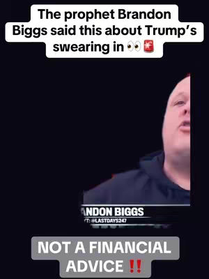 The image features a man speaking, with text overlays. The man is positioned on the right side of the frame against a dark background. Text at the top indicates a prediction by 'The prophet Brandon Biggs.' An additional text overlay at the bottom says 'NOT A FINANCIAL ADVICE !!'.