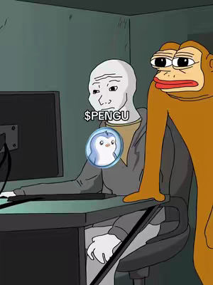 The image is a meme-style illustration featuring two characters. One, a human-like figure with a blank expression, sits at a desk looking at a computer screen. A stylized logo of a penguin is superimposed on their chest. The other character, a monkey, is to the right, also with a blank expression. The background is a simple room with a desk and a computer monitor. The color palette is muted, with shades of gray, green, and brown dominating the scene, enhanced by text overlays and icons.