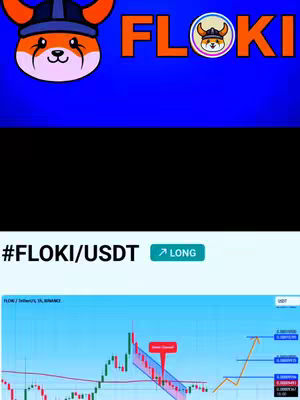 The image is a vertical graphic featuring a deep blue background at the top, transitioning to a black area in the middle, and concluding with a light blue panel at the bottom displaying a financial chart. The top section has the text "FLOKI" in large orange letters, with a stylized fox head logo above the text. The bottom section shows a cryptocurrency price chart with green and red candlesticks, technical indicators, and the text "#FLOKI/USDT LONG".