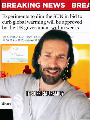 The cover image features a man in a gray top centered in frame. The background shows a yellow-orange gradient and text that appears to be from a news article about the UK government's plans to dim the sun, along with some charts and figures in the display.