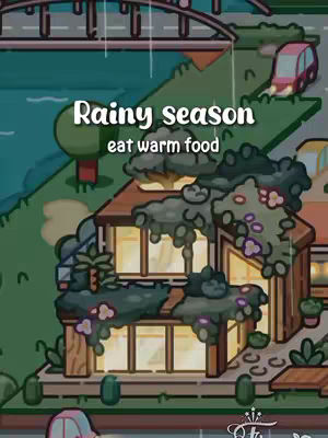 A cartoon-style image depicting a rainy season. A house with lit windows is the focal point, covered in greenery. Rain streaks fall from a cloudy sky. The image is composed with soft colors and rounded shapes, giving it a whimsical feel, with a bridge, some cars and a park.