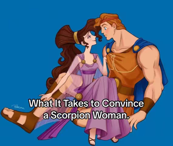 An illustration from the Disney movie Hercules, featuring the characters Hercules and Megara. Hercules is a muscular man with orange skin and blue eyes, wearing a gold breastplate and blue cape. Megara is a woman with fair skin, brown hair, and a purple dress. They are set against a blue background.