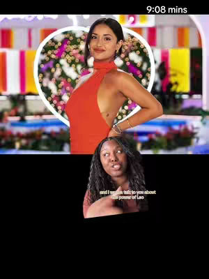 The cover image is vertically oriented and divided into two main sections. The top half features a woman in a red halter dress, with a tattoo visible on her side, standing in front of a blurred background of lights, plants, and a large heart-shaped design. The bottom half of the image shows another woman with long dark hair, in a close-up shot, potentially discussing the topic of the video. The overall composition uses a black color to create the background and separate the two scenes along with the black background. The video title is in the upper right corner.