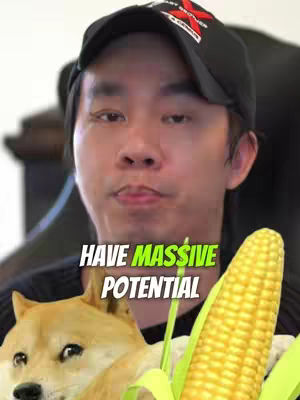 A man wearing a black cap with a logo is the main subject. Overlayed text reads 'Have massive potential' in a bold, white font with a green outline. To the left is a dog looking like a doge meme. The background is blurred.