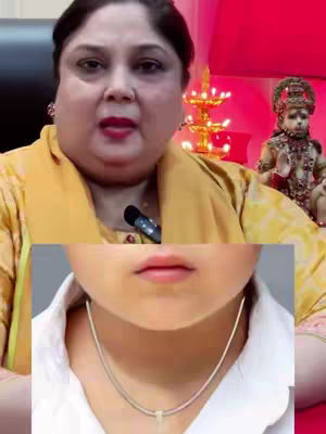 A woman is speaking, a smaller image of a child's neck is overlaid, showing a silver chain. The background is red.